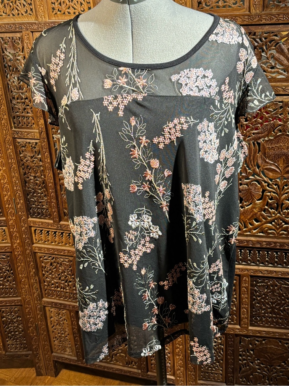 Maurices Black Short-Sleeve Floral Blouse with Pink and Cream Embroidery